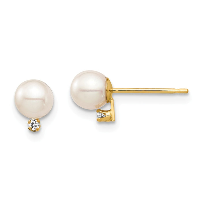 14k Yellow Gold Madi K 4-5mm White Round Freshwater Cultured Pearl .02ct Diamond Post Earrings, 6.57mm x 4.93mm