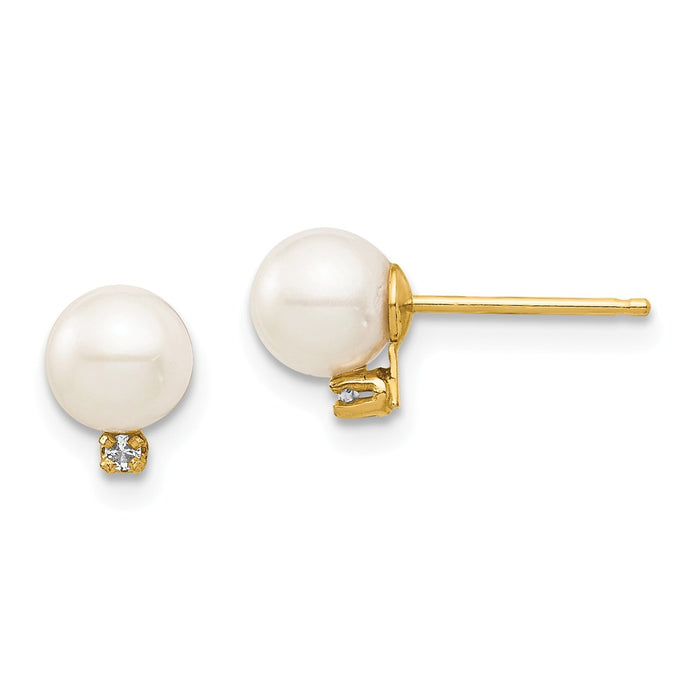 14k Yellow Gold Madi K 5-6mm White Round Freshwater Cultured Pearl .02ct Diamond Post Earrings, 7.13mm x 5.4mm