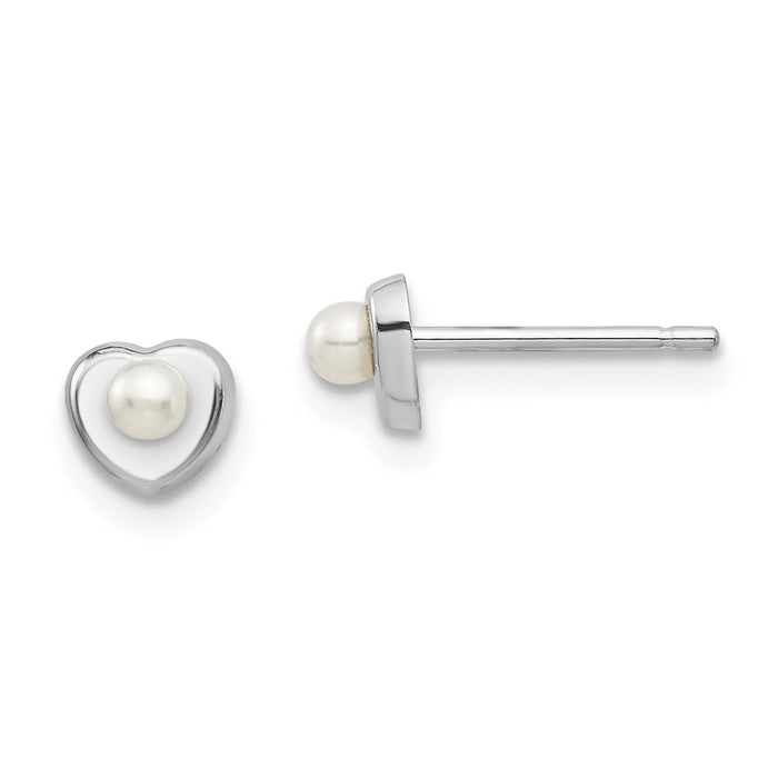 14k White Gold Madi K White Button Freshwater Cultured Pearl Heart Post Earrings, 4.56mm x 5mm