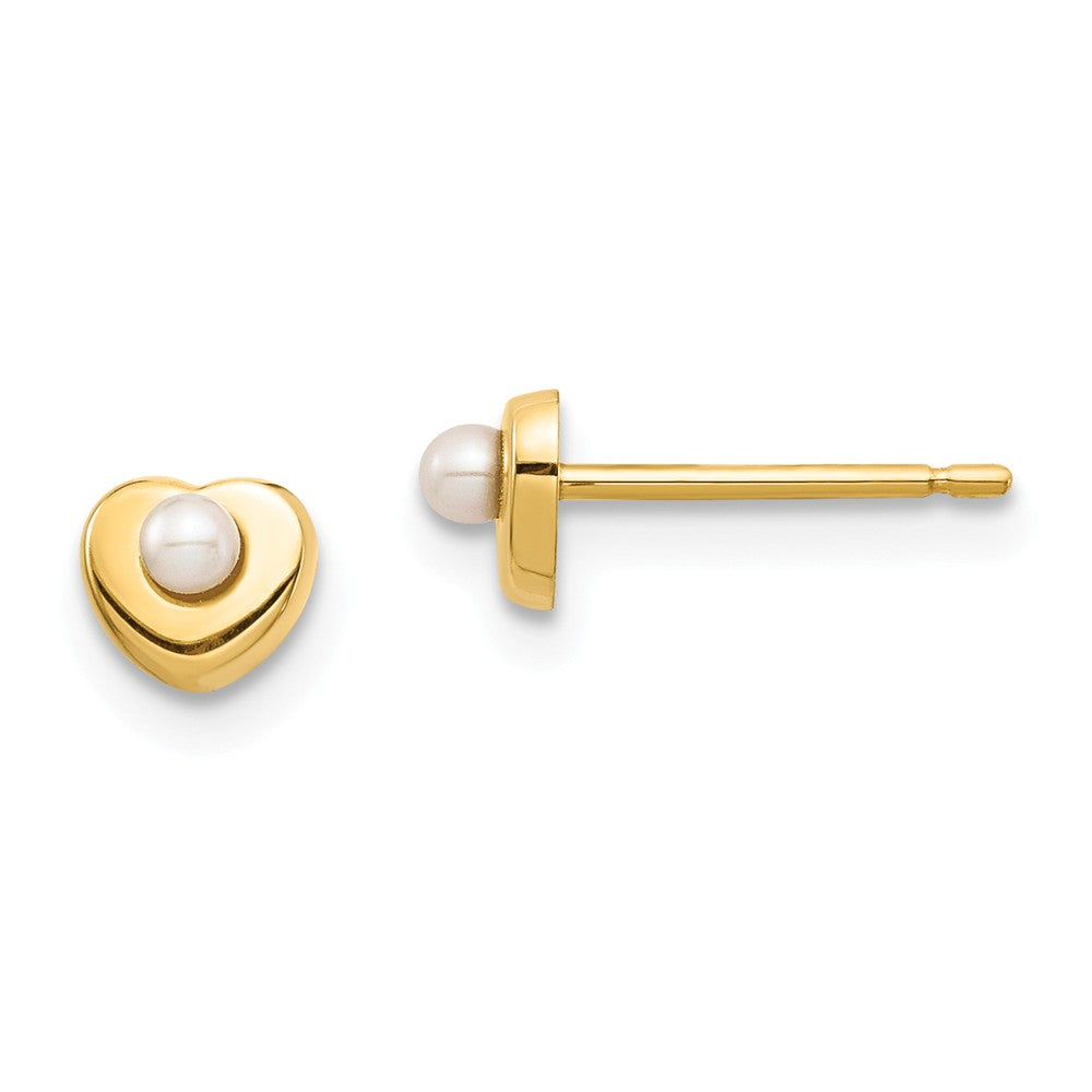 14k Yellow Gold Madi K White Button Freshwater Cultured Pearl Heart Post Earrings, 4.47mm x 4.91mm