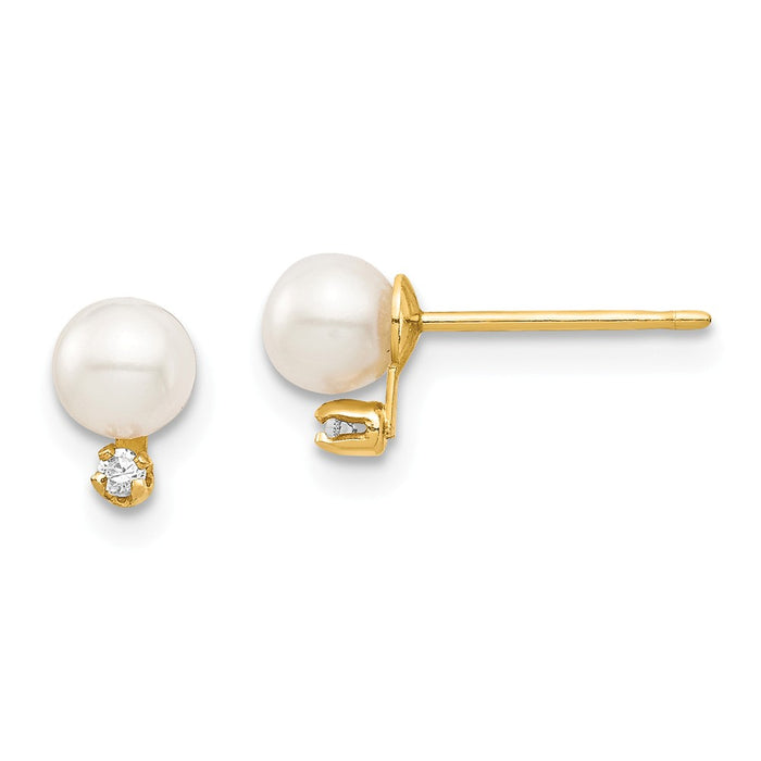 14k Yellow Gold Madi K 4-5mm White Round Freshwater Cultured Pearls Cubic Zirconia ( CZ ) Post Earrings, 6.17mm x 4.48mm