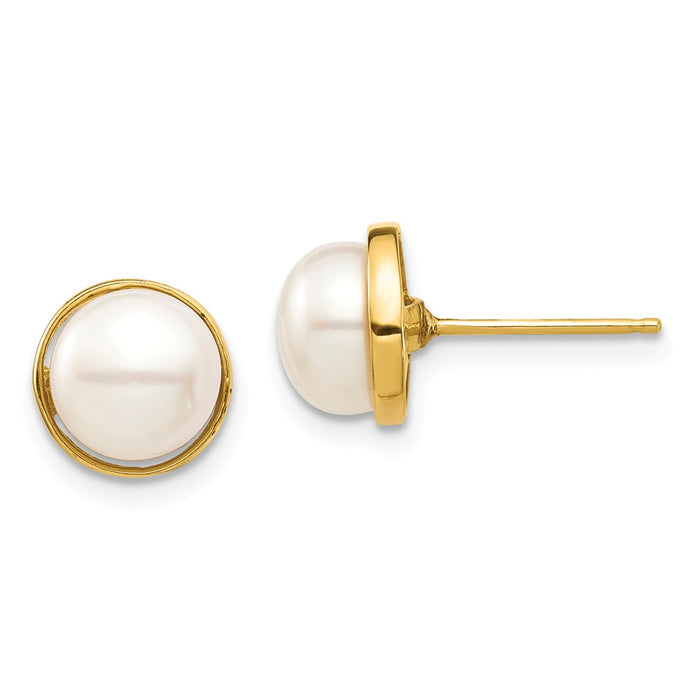 14k Yellow Gold Madi K 7-8mm White Button Freshwater Cultured Pearl Post Earrings, 8mm x 7.92mm