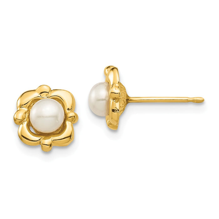 14k Yellow Gold Madi K 4-5mm White Button Freshwater Cultured Pearl Post Earrings, 7.95mm x 7.96mm