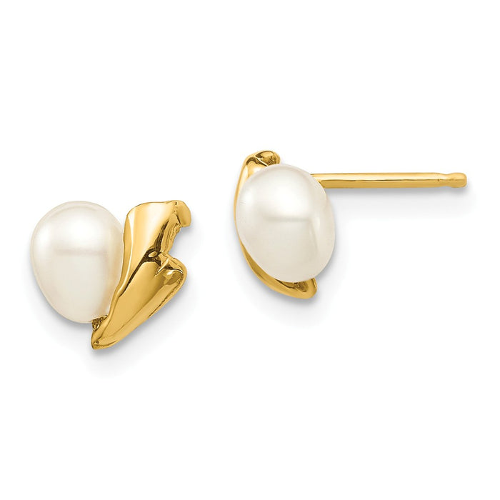 14k Yellow Gold Madi K 4-5mm White Rice Freshwater Cultured Pearl Post Earrings, 6.07mm x 6.63mm