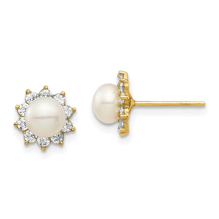 14k Yellow Gold Madi K 5-6mm White Button Freshwater Cultured Pearl Cubic Zirconia ( CZ ) Post Earrings, 7.75mm x 7.75mm