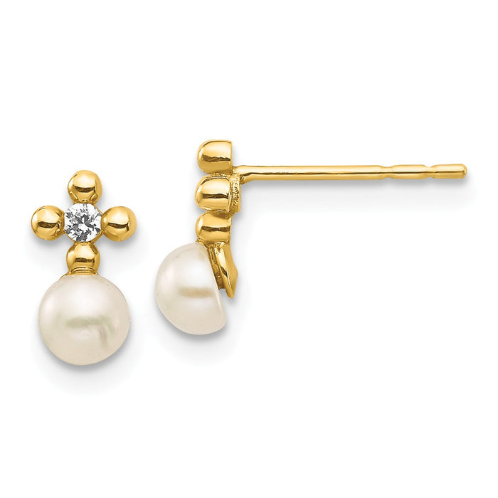 14k Yellow Gold Madi K 3-4mm White Button Freshwater Cultured Pearl Cubic Zirconia ( CZ ) Post Earrings, 8.11mm x 4.2mm