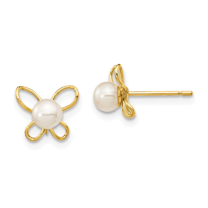14k Yellow Gold Madi K 4-5mm White Button Freshwater Cultured Pearl Butterflies Post Earrings, 7.71mm x 8.8mm