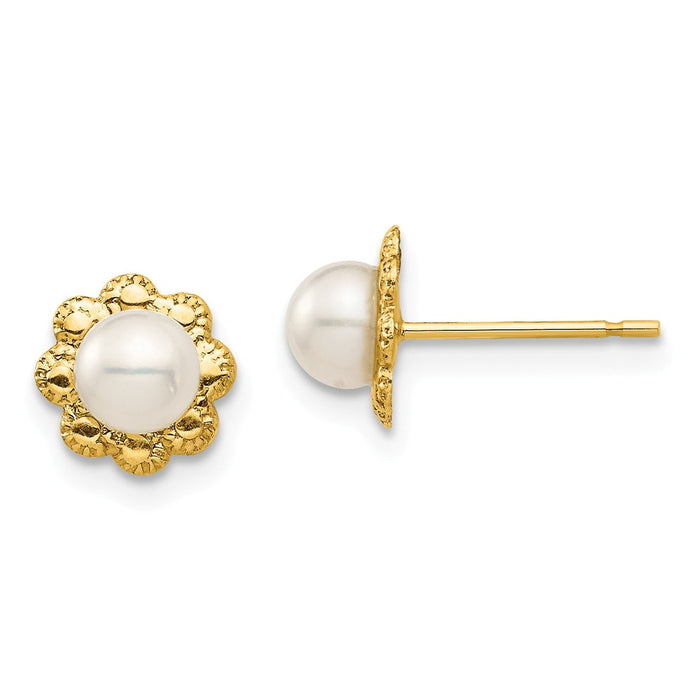 14k Yellow Gold Madi K 4-5mm White Button Freshwater Cultured Pearl Post Earrings, 7.37mm x 7.05mm