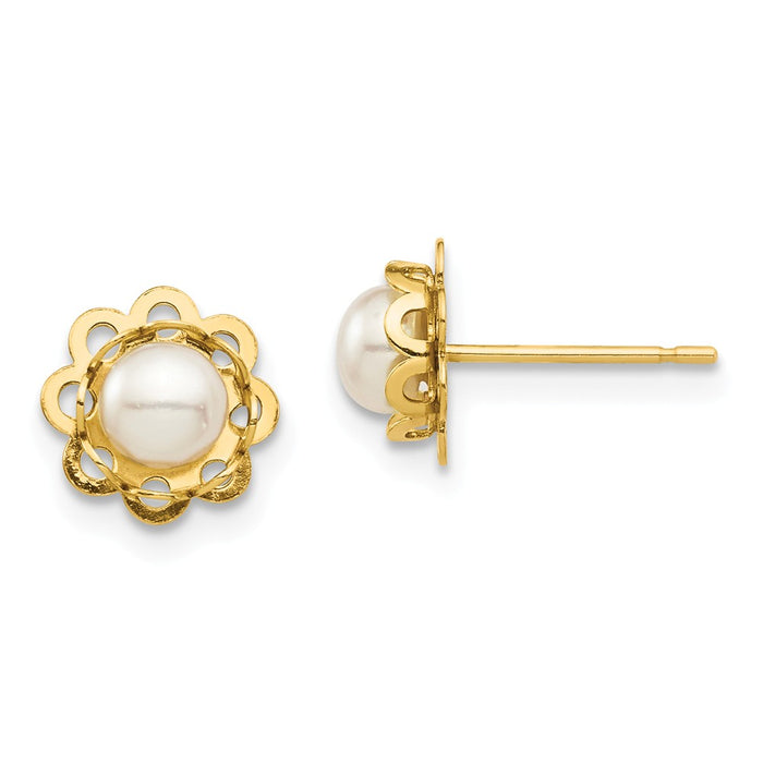 14k Yellow Gold Madi K 4-5mm White Button Freshwater Cultured Pearl Floral Post Earrings, 7.71mm x 7.71mm