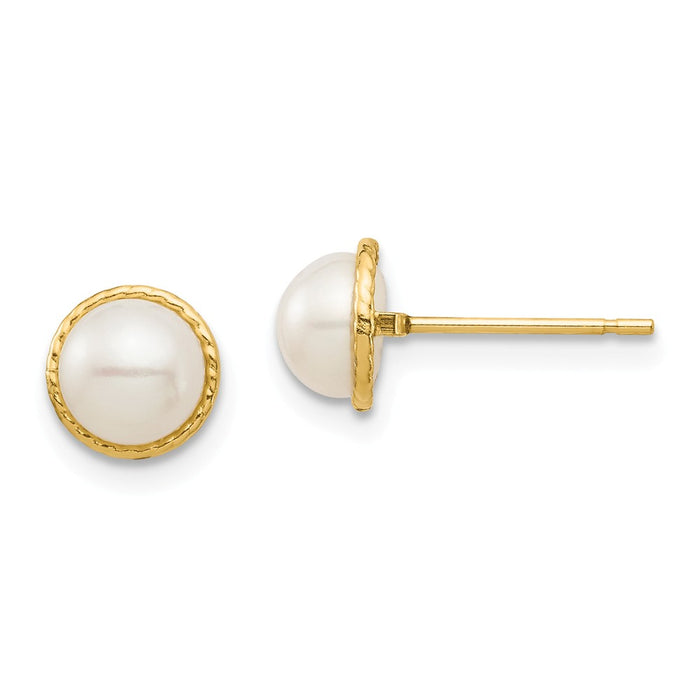 14k Yellow Gold Madi K 5-6mm White Button Freshwater Cultured Pearl Post Earrings, 6.18mm x 6.17mm