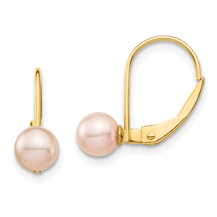 14k Yellow Gold Madi K 5-6mm Pink Round Freshwater Cultured Pearl Leverback Earrings, 16.3mm x 9.15mm