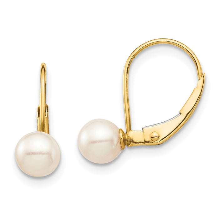 14k Yellow Gold Madi K 5-6mm White Round Freshwater Cultured Pearl Leverback Earrings, 13.82mm x 9.03mm