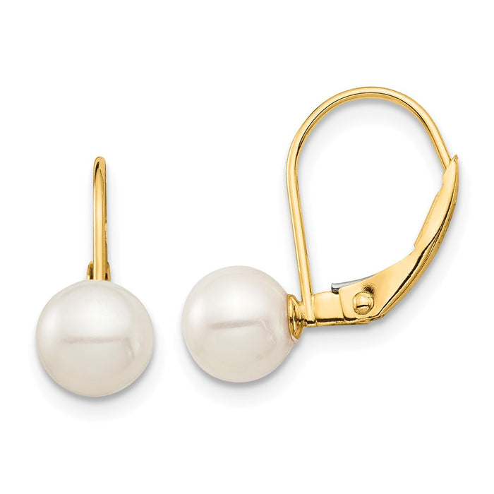 14k Yellow Gold Madi K 6-7mm White Round Freshwater Cultured Pearl Leverback Earrings, 16.46mm x 9.17mm