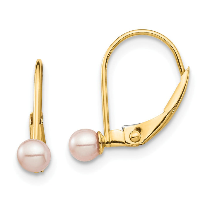14k Yellow Gold Madi K 3-4mm Pink Round Freshwater Cultured Pearl Leverback Earrings, 14.7mm x 9.26mm