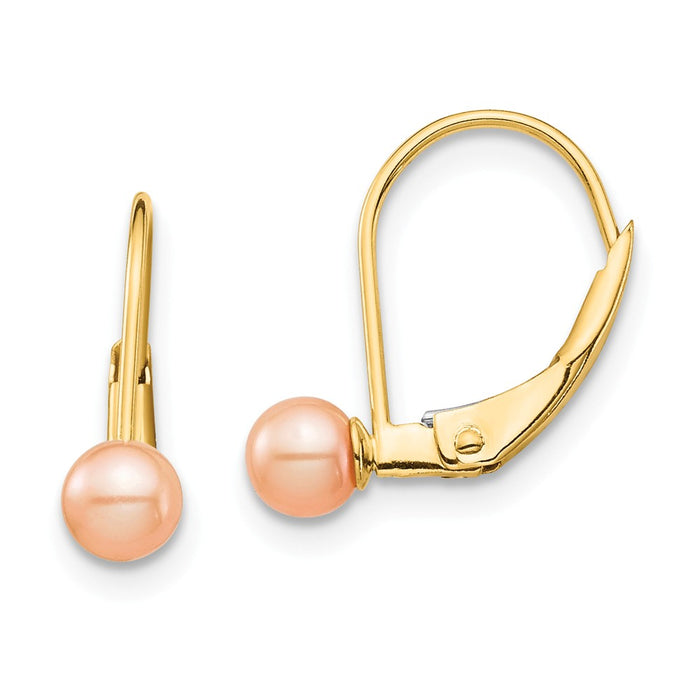 14k Yellow Gold Madi K 4-5mm Pink Round Freshwater Cultured Pearl Leverback Earrings, 14.45mm x 9.18mm