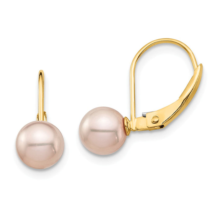 14k Yellow Gold Madi K 6-7mm Pink Round Freshwater Cultured Pearl Leverback Earrings, 17.72mm x 9.23mm
