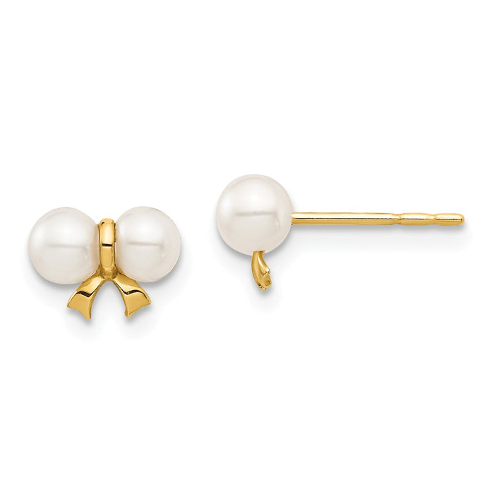 14k Yellow Gold Madi K 3-4mm White Round Freshwater Cultured Pearl Bow Post Earrings, 5.84mm x 7.88mm