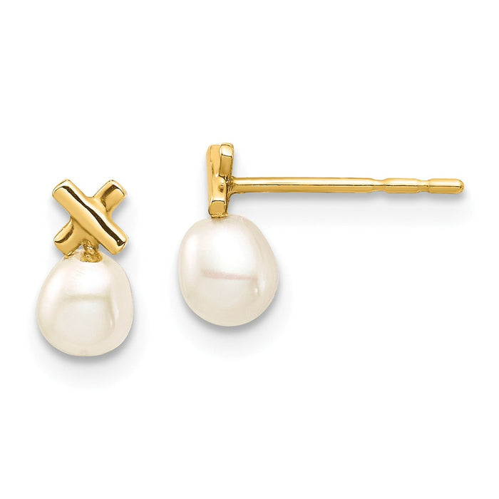 14k Yellow Gold Madi K 3-4mm White Rice Freshwater Cultured Pearl Post Earrings, 7.45mm x 4.01mm