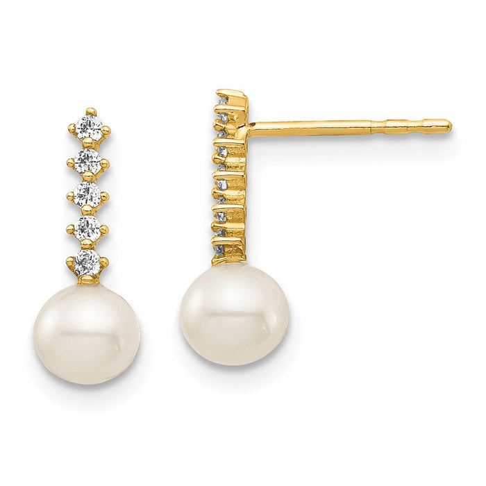 14k Yellow Gold Madi K 5-6mm White Round Freshwater Cultured Pearl Cubic Zirconia ( CZ ) Post Dangle Earrings, 13mm x 5.06mm
