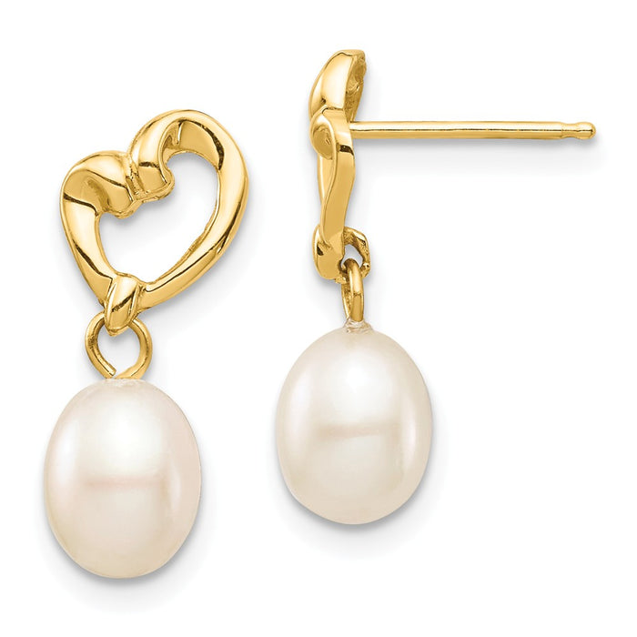 14k Yellow Gold Madi K 5-6mm White Rice Freshwater Cultured Pearl Heart Dangle Earrings, 17.75mm x 7.2mm