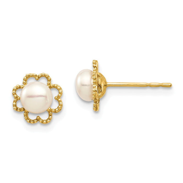 14k Yellow Gold Madi K 4-5mm White Button Freshwater Cultured Pearl Milgrain Post Earrings, 7.38mm x 7.17mm