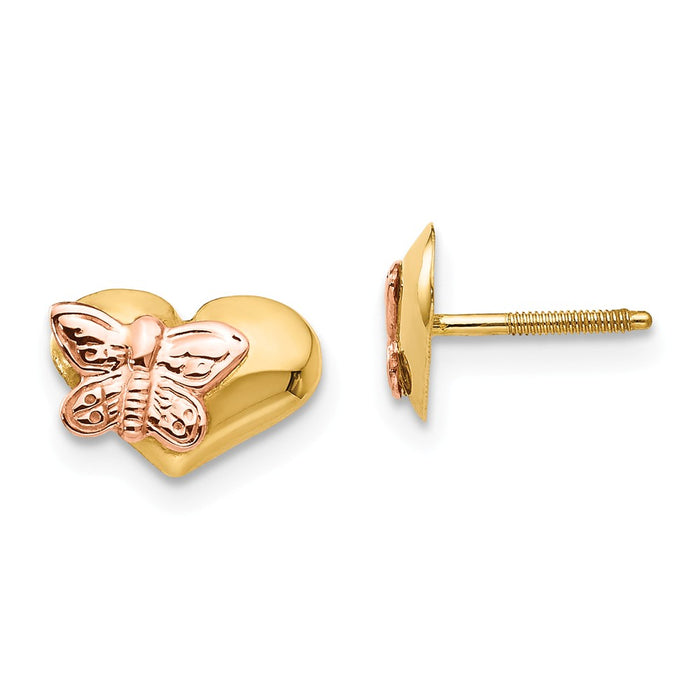 14k Madi K Polished & Rhodium Butterfly Heart Screwback Earrings, 8mm x 9mm