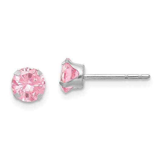 14k White Gold Madi K 5mm Pink Cubic Zirconia ( CZ ) Post Earrings, 5mm x 5mm