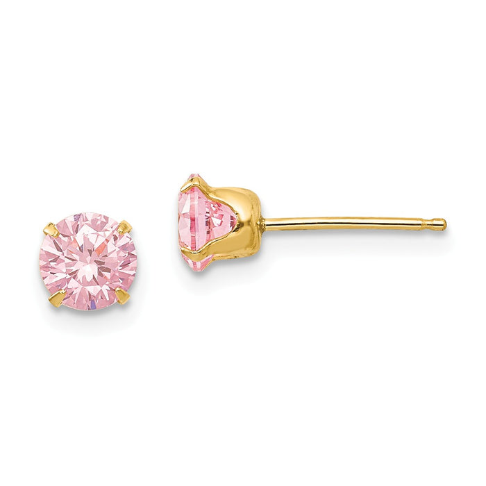 14k Yellow Gold Madi K 5mm Pink Cubic Zirconia ( CZ ) Post Earrings, 5mm x 5mm