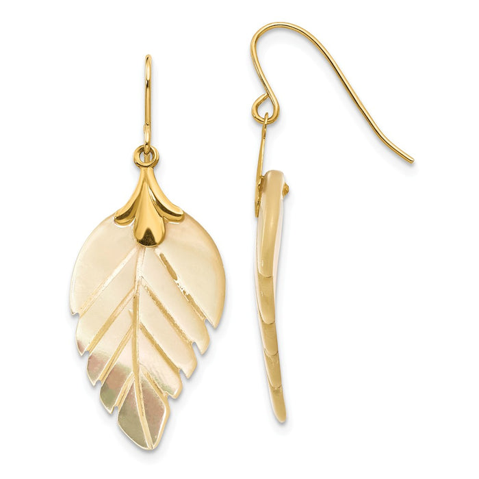 14k Yellow Gold Madi K Mother of Pearl Leaf Dangle Earrings, 33mm x 13mm