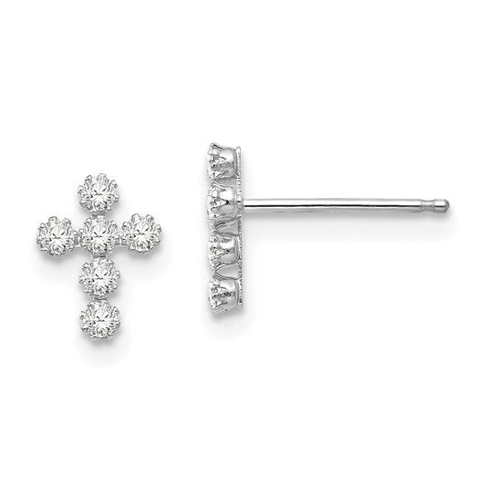 14k White Gold Madi K Cubic Zirconia ( CZ ) Cross Post Earrings, 9mm x 7mm