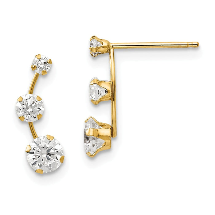 14k Yellow Gold Madi K Curved 3-Stone Cubic Zirconia CZ Post Earrings, 15mm x 4mm