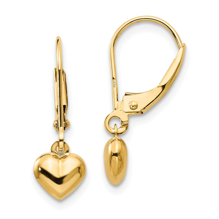 14k Yellow Gold Madi K Puffed Polished Heart Drop Leverback Earrings, 21mm x 6mm