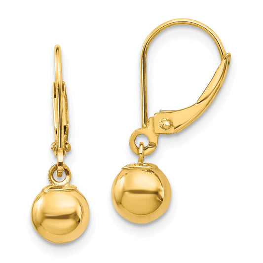 14k Yellow Gold Madi K Dangle 6mm Bead Leverback Earrings, 21mm x 6mm