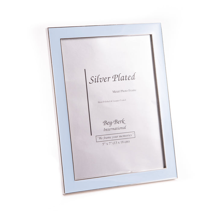 Occasion Gallery Blue Color Silver Plated Trim with Blue Enamel 5"x7" Picture Frame, Easel Back. 8 L x 6 W x 0.25 H in.