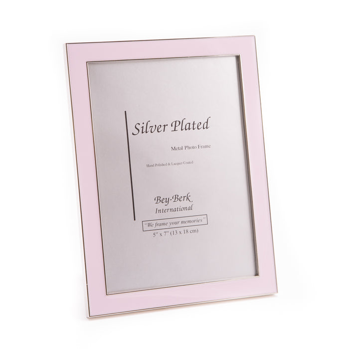 Occasion Gallery Pink Color Silver Plated Trim with Pink Enamel 5"x7" Picture Frame, Easel Back. 8 L x 6 W x 0.25 H in.