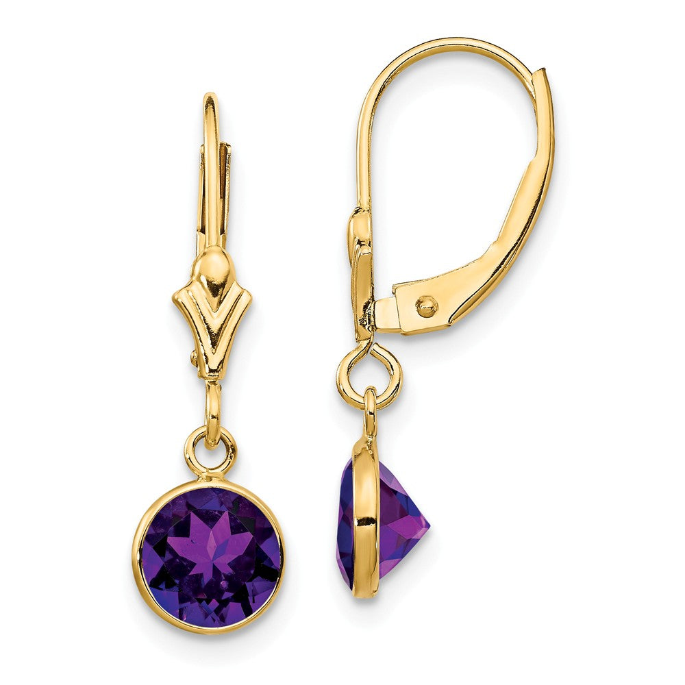 Million Charms 14k Yellow Gold Amethyst Leverback Earrings, 20mm x 5mm