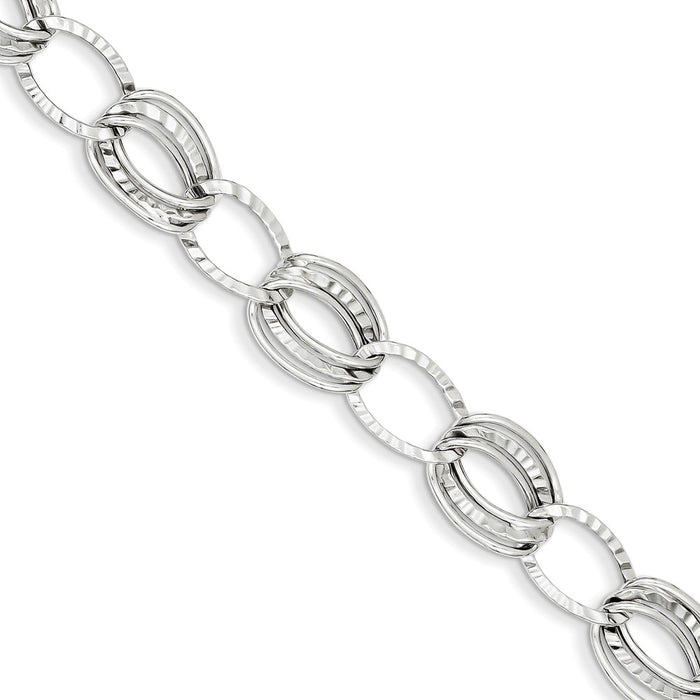 Million Charms 14k White Gold Polished and Textured Hollow w/ext. Bracelet, Chain Length: 7.5 inches