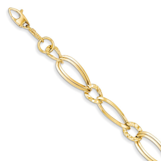 Million Charms 14k Yellow Gold Polished and Textured Hollow w/ext. Bracelet, Chain Length: 7.5 inches