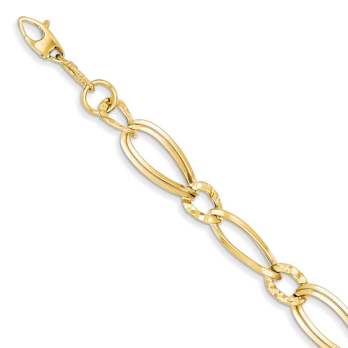 Million Charms 14k Yellow Gold Polished and Textured Hollow w/ext. Bracelet, Chain Length: 7.5 inches
