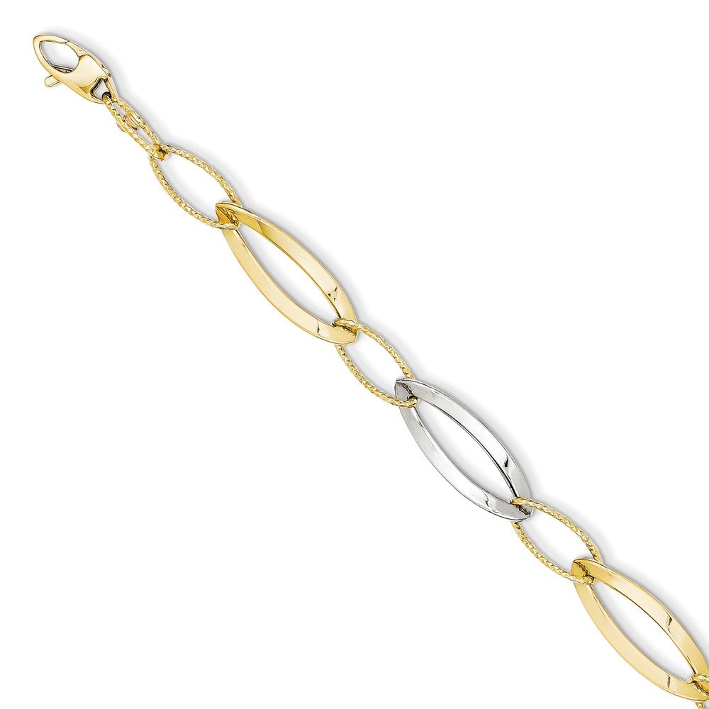 Million Charms 14k Two-tone Polished and Textured Hollow w/ext. Bracelet, Chain Length: 7.5 inches