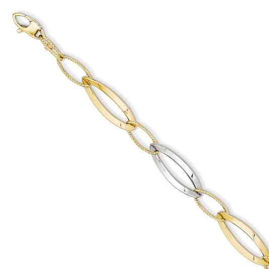 Million Charms 14k Two-tone Polished and Textured Hollow w/ext. Bracelet, Chain Length: 7.5 inches