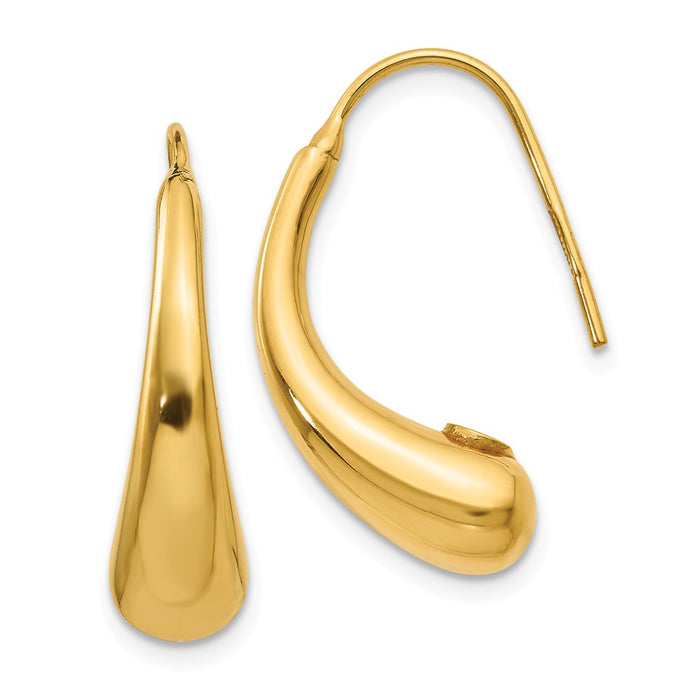Million Charms 14k Yellow Gold Polished Puffed Teardrop Shepherd Hook Earrings, 23.5mm x 6mm