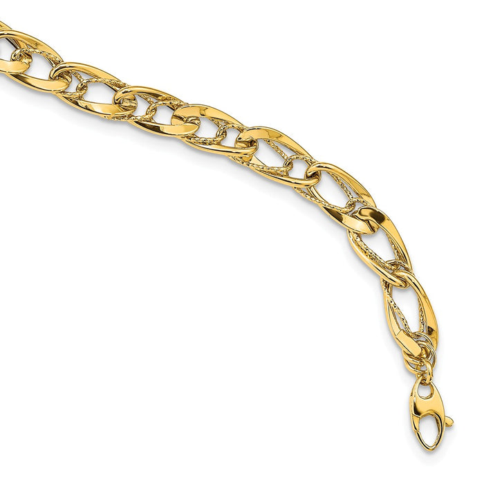 Million Charms 14k Yellow Gold Polished & Textured Fancy Double Oval Curb Link Bracelet, Chain Length: 7.5 inches