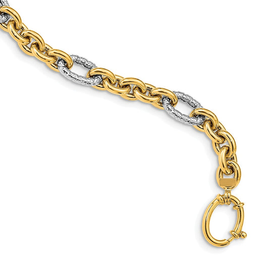 Million Charms 14K Two-tone Polished & Textured Oval Cable Bracelet, Chain Length: 8 inches