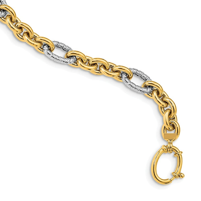 Million Charms 14K Two-tone Polished & Textured Oval Cable Bracelet, Chain Length: 8 inches