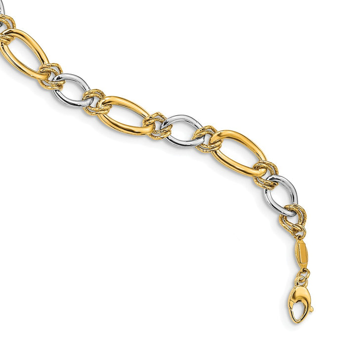 Million Charms 14K Two-tone Polished & Textured Fancy Oval Curb Bracelet, Chain Length: 7.5 inches