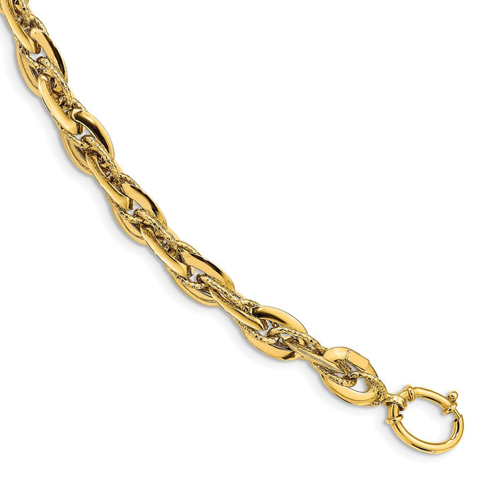 Million Charms 14k Yellow Gold Polished & Textured Fancy Rope Link Bracelet, Chain Length: 8 inches