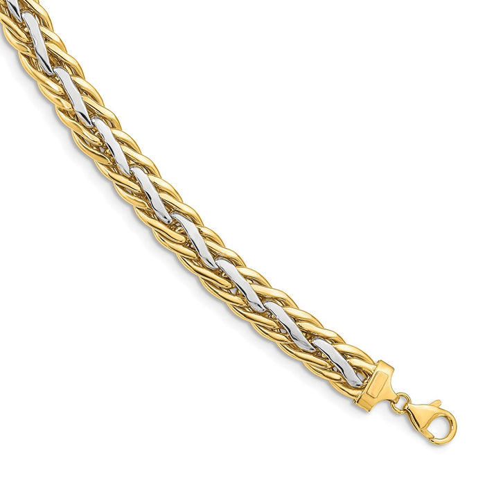 Million Charms 14K Two Tone Polished Fancy Wheat Link Bracelet, Chain Length: 8 inches