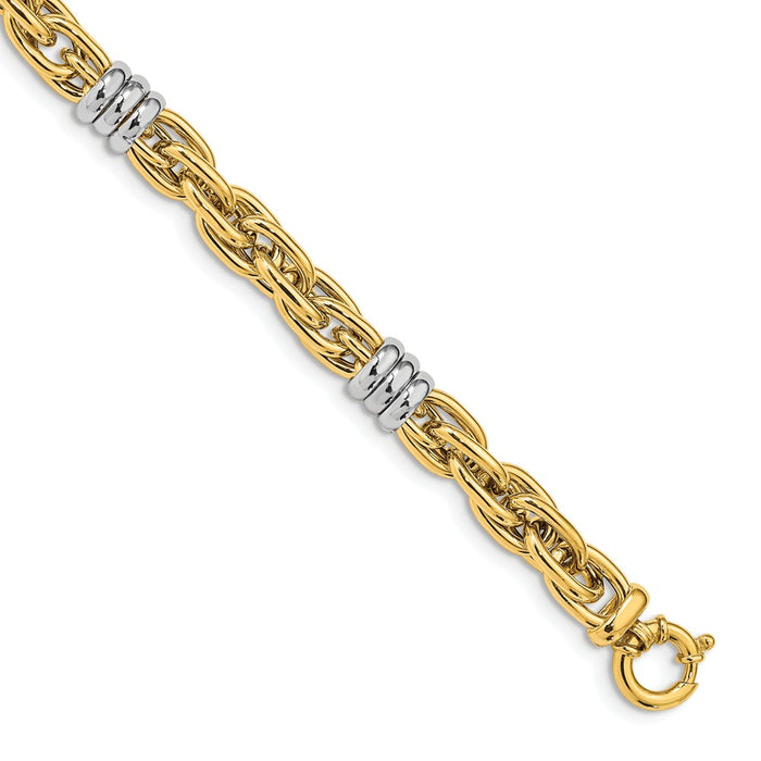 Million Charms 14K Two Tone Polished Fancy Link w/White Gold Rings Bracelet, Chain Length: 7.5 inches