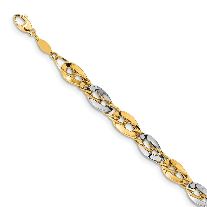 Million Charms 14K Two-tone Polished Fancy Double Curb Link Bracelet, Chain Length: 8 inches
